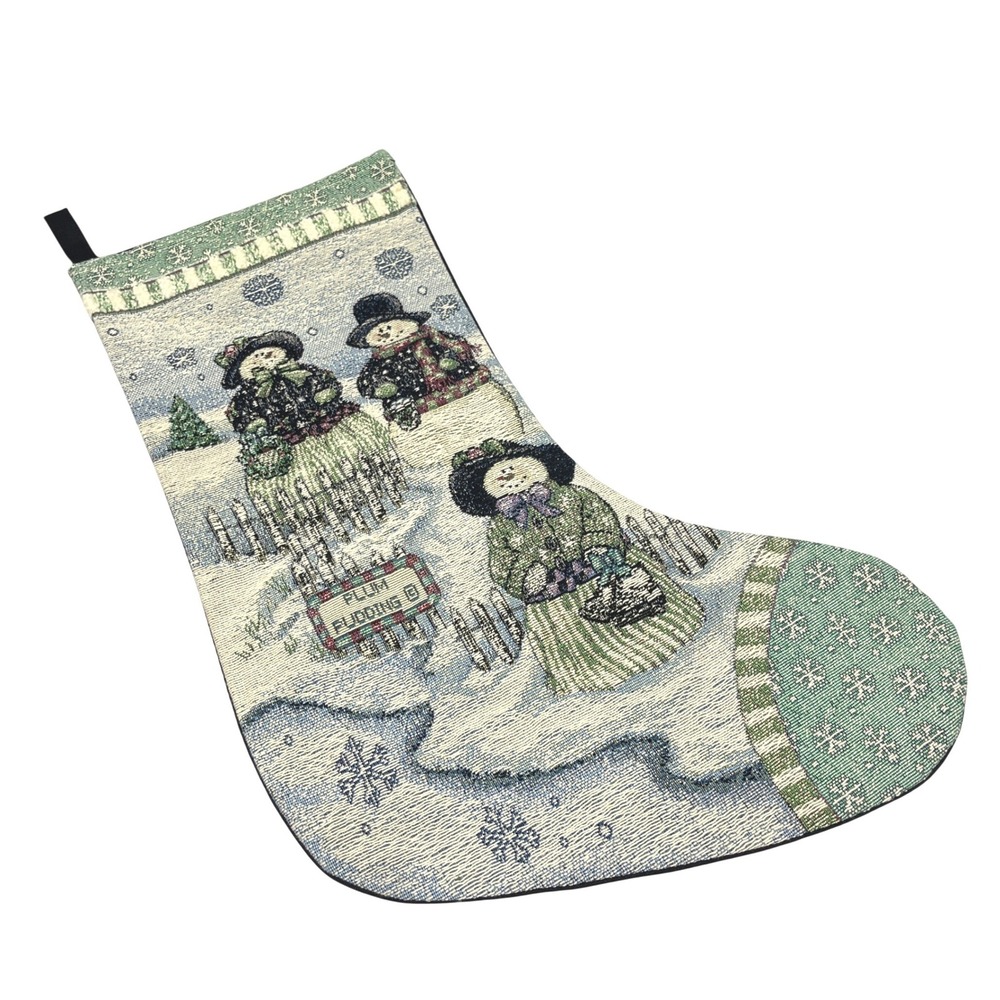 Plum Pudding Tapestry Christmas Stocking Snowmen Scene Large Made in USA